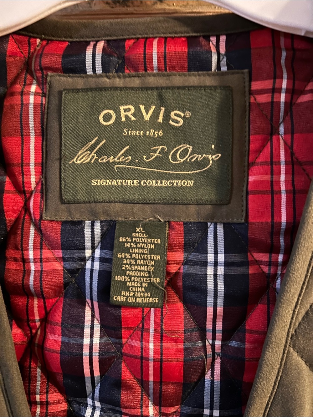 Orvis Men's Red and Navy Plaid Lined Bomber Jacket